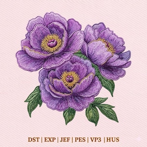 May include: Embroidered image of three purple peony flowers with yellow centres and green leaves. The flowers are detailed with various shades of purple and gold thread. The image is set against a light pink background.