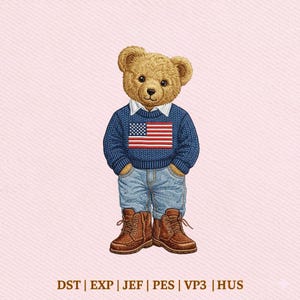May include: Embroidered illustration of a teddy bear wearing a blue sweater with an American flag design, light blue jeans, and brown boots. The bear has a white collared shirt underneath the sweater. The background is a light pink color.