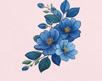 Diseño de bordado de elegante ramo floral azul, descarga instantánea Dst Pe