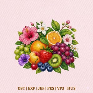 Op de afbeelding: Een kleurrijke illustratie van een fruitarrangement met een gesneden sinaasappel, druiven, aardbeien, kiwi, bosbessen en een perzik. Roze hibiscus en witte bloemen worden afgewisseld met groene bladeren. De achtergrond is lichtroze.