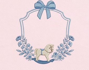 Rocking Horse Frame, Baby Shower Floral Frame Bow Border Embroidery Design, Instant Download Dst Pe