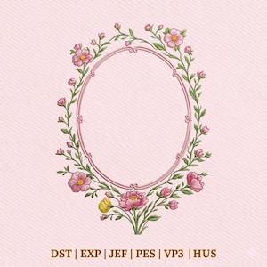 Oval Floral Frame Simple  Border, Minimalist Pink Wreath Embroidery Design, Instant Download Dst Pe