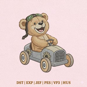 May include: An embroidered design featuring a teddy bear in a pilot's cap and goggles, driving a vintage car. The car is light grey with tan wheels and gear details. The bear is smiling, set against a light pink background.