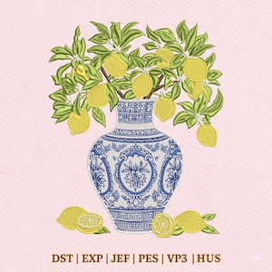 Lemon Tree Vase Blue Chinoiserie Vase With Branch Embroidery Design, Instant Download Dst Pe