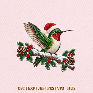 May include: An embroidered design of a hummingbird wearing a red and white Santa hat, perched on a snow-covered pine branch with pinecones and red berries. The text below reads: DST | EXP | JEF | PES | VP3 | HUS. The bird has green wings.