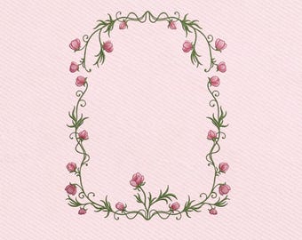 Rosa Blumenrahmen, zarte Blumenbordüre, minimalistisches Kranz Stickmuster, Instant Download Dst Pe