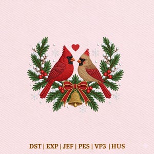 May include: An embroidery design featuring two cardinals, one bright red and one tan, perched amidst green pine branches with snow, red berries, a gold bell, a red bow, and a small red heart. Text at the bottom reads: DST | EXP | JEF | PES | VP3 | HUS.