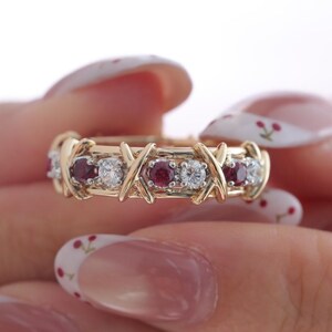 Red & White Lab Diamond Eternity Band, Round Brilliant Cut Wedding Band, Yellow Gold Anniversary Ring, Stackable Bridal Band, Stackable Band