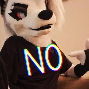 May include: A person in a black t-shirt with the word "NO" in a colorful 3D effect. The person is wearing a white and black furry wolf-like mask and black leggings. The person is sitting on a brown surface.