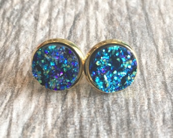 Blaue Druzy Ohrringe, Harz Druzy Ohrringe, Edelstein Ohrringe, Druzy Ohrstecker, Gold Druzy Schmuck
