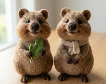 Wool Felt Quokka Figure: Needle Felted Realistic Smiling Doll, Cute Woodland Pastoral Decor, Happy Family Gift