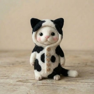 May include: A handmade felt cat figure wearing a black and white cow-print hooded jumpsuit. The cat has a white face with pink cheeks and a pink nose. The jumpsuit has wooden button closures. The cat is posed on a wooden surface.