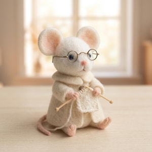May include: A handcrafted white mouse figurine wearing round glasses and a cream-colored coat. The mouse is knitting a small cream-colored piece with wooden knitting needles. The mouse has pink ears, nose, and feet. The figurine is sitting on a light-colored surface.