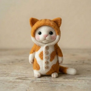 May include: A handcrafted felt cat figurine wearing an orange and white hooded jumpsuit with button closures. The cat has a white face with pink cheeks, black eyes, and a pink nose. The tail is orange and white. The figurine is standing on a wooden surface.