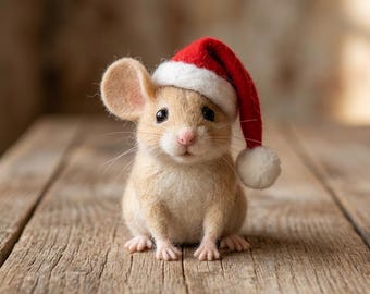 Christmas Needle Felted Mouse Wearing Santa Hat - Wool Beige Animal Figurine Holiday Decor