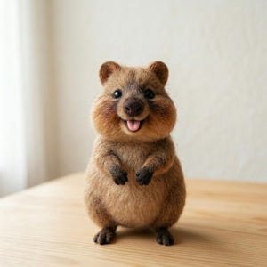 以下が含まれることがあります： 茶色の羊毛フェルトで作られたクオッカのフィギュア。質感のある毛並み、暗い丸い目、小さな黒い鼻、ピンクの舌が見える笑顔の口が特徴です。小さな動物が後ろ足で立ち、前足を胸の近くに添えています。