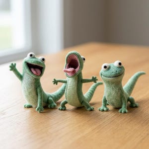May include: Three needle-felted green lizard figurines with textured surfaces. The left lizard waves with an open mouth and pink tongue. The centre lizard stands with arms outstretched and mouth wide open. The right lizard has a closed mouth smile.