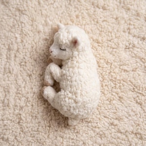 May include: A handmade, off-white lamb figurine curled up on a textured, cream-coloured surface. The lamb has closed eyes, small ears, and a soft, woolly texture. The figurine is a charming decorative item.