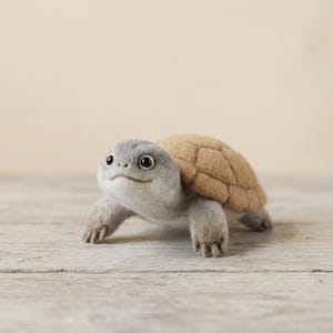 May include: A needle-felted turtle figurine with a soft grey head and limbs, featuring large black eyes and a small mouth. The turtle has a textured, rounded shell in a light tan color with visible segmented patterns across its surface.