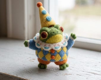 Needle Felted Circus Clown Frog - Handmade Wool Halloween Harlequin Figurine