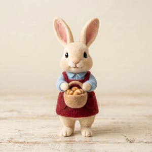 Könnte beinhalten: Eine nadelgefilzte, cremefarbene Hasenfigur, die aufrecht steht. Der Hase trägt ein hellblaues Hemd mit Kragen unter einer dunkelroten Schürze mit zwei Vordertaschen. Er hält einen kleinen, beigen geflochtenen Korb mit mehreren winzigen Brötchen.
