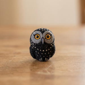 May include: A small needle-felted owl figurine crafted from black and grey wool. The owl features two large, round, amber-coloured eyes, a small grey beak, and light grey circular patches around the eyes. The body is covered in tiny white dots.