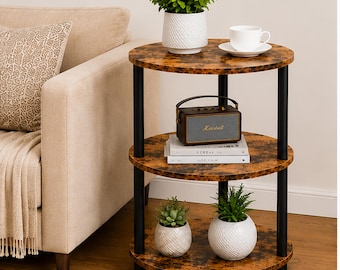 3 Tier Round Side Table, Rustic Wood Accent Shelf, Small Nightstand Storage