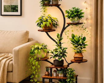 8 Tier Plant Stand with Grow Lights, Indoor Garden Shelf, Modern Metal Wood Display