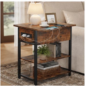 May include: A rectangular side table with a rustic brown wood-grain finish and a black metal frame. It features a built-in power strip with two AC outlets and two USB ports on the side, two open storage shelves, and a flat top surface.