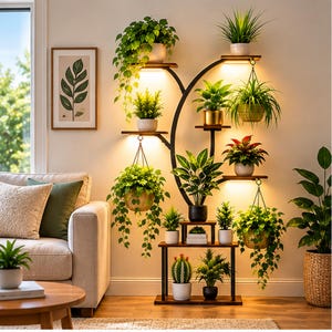 May include: A tall, black metal plant stand with multiple shelves and integrated warm LED lighting. The stand holds various potted plants, including trailing vines, a cactus, and leafy green foliage, arranged on tiered platforms and hanging hooks.