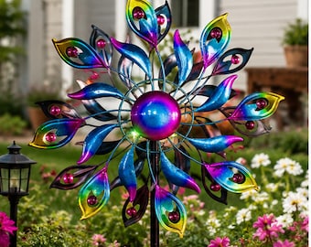 Solar Wind Spinner with Color-Changing LED Globe, Outdoor Garden Decor