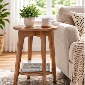 May include: A round wooden side table with three legs and a lower shelf. On the tabletop sits a small green plant in a white pot and a white mug on a cork coaster. Three books titled The Kinfolk Home, Minimalista, and Live Beautiful are on the shelf.