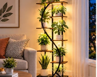 7-Tier S-Shaped Plant Stand with Grow Lights, Modern Indoor Display Rack