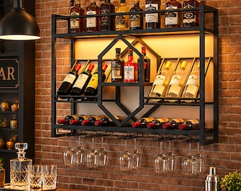 Wall Mounted Wine Rack with LED Lights, Modern Wine Bottle Holder, Floating Liquor Shelf with Glass Holders, Home Bar Decor