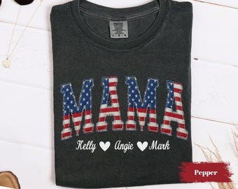 Maglietta "Patriotic Comfort Colors Mama Shirt" per il 250° anniversario del 4 luglio, t-shirt personalizzata per la mamma, regalo per la mamma, top per neomamma, idea regalo per la mamma.