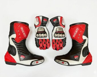 Conjunto de botas y guantes de cuero para moto Ducati – Paquete de equipamiento de competición con protecciones