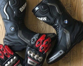 Conjunto de botas de moto de cuero y guantes largos estilo BMW Motorrad – Equipamiento para motociclistas de turismo