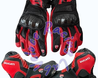Conjunto de botas y guantes Ducati Racing – Equipamiento de cuero para motociclistas