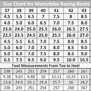 May include: Size chart for motorbike racing boots, displaying European, UK, Japan, and Australian sizes, along with USA & Canada sizes. Includes foot measurements in inches, centimeters, and Mondopoint.