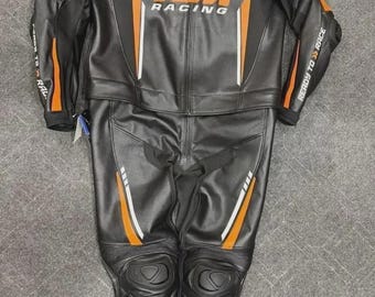 Traje de moto de cuero KTM Racing – Armadura integral para circuito – Naranja y negro