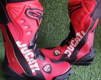 Alpinestars Ducati Corse Leather Motorcycle Racing Boots – Perforated Track Biker Shoes