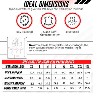 Op de afbeelding: Maattabel voor motorracehandschoenen, met internationale maten XS tot 4XL. Afmetingen in inches en centimeters voor mannen- en vrouwenhanden. Pictogrammen voor volledige bescherming, echt leer en ademend.