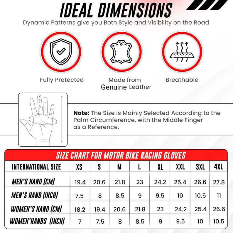 Op de afbeelding: Maattabel voor motorracehandschoenen, met internationale maten XS tot 4XL. Afmetingen in inches en centimeters voor mannen- en vrouwenhanden. Pictogrammen voor volledige bescherming, echt leer en ademend.