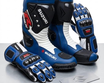Conjunto de botas y guantes de moto Suzuki GSX-R Racing – Azul. Equipamiento para motoristas.