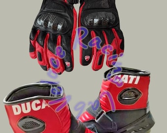 Conjunto de botas de moto de cuero y guantes largos – Equipamiento de conducción para moto deportiva Ducati rojo