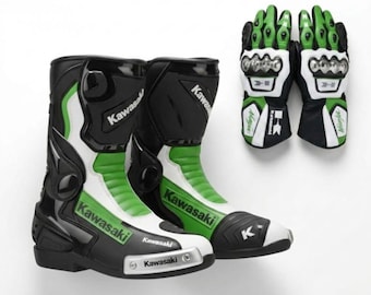 Conjunto de botas y guantes de cuero de vaca para Kawasaki Ninja ZX-10R