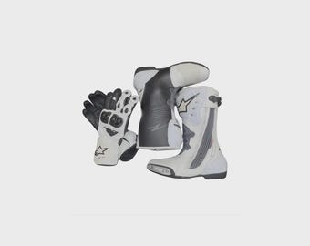 Conjunto de zapatos y guantes de cuero para motociclismo Alpinestars – Blanco, Negro, Protección con certificación CE