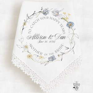 Mother of the Bride Gift from the Bride, Wedding Date Keepsake from Bride and Groom, Personalized Wedding Handkerchief, Blue Floral Hanky