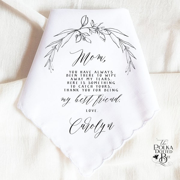 Mother of the Bride Wedding Handkerchief Present with Modern Floral Detail, Personalized and Sentimental Wedding Day Idea from Bride to Mom