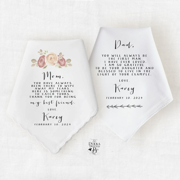 Personalized Wedding Handkerchief Gift, Mother & Father of the Bride, Floral Design